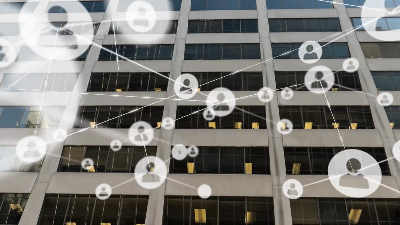 animación de la red de conexiones con iconos sobre el paisaje urbano