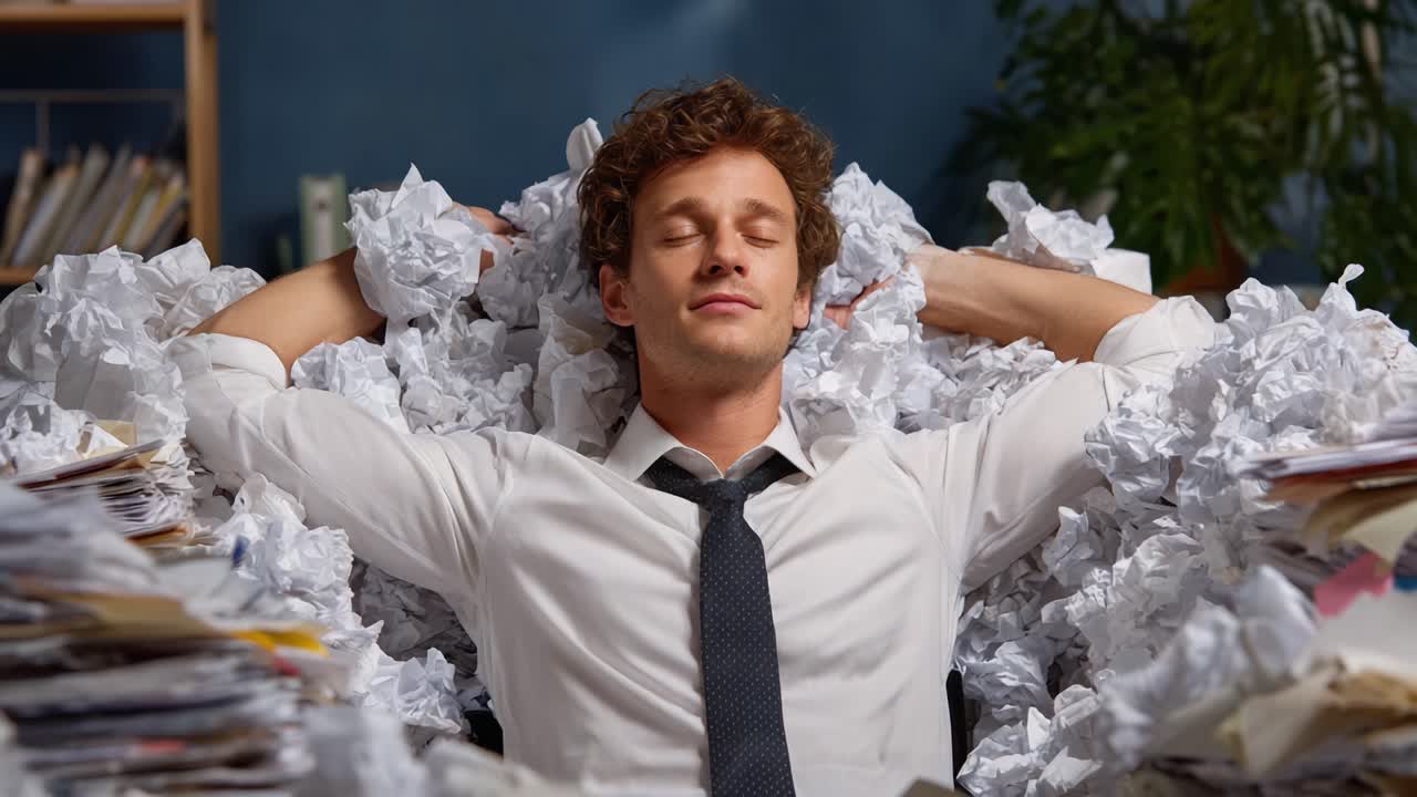 A Young Professional Relaxes Amidst a Mountain of Crumpled Papers, Symbolizing Stress Relief and Workload Management in a Chaotic Office Environment