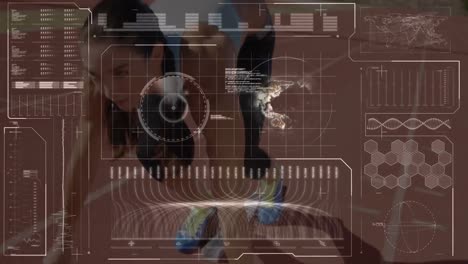 animation of data processing on digital interface over woman running on sports track