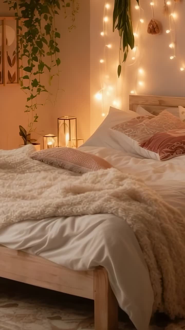 Video verticale: ripresa fluida con camera che scivola dai piedi del letto rivelando un plaid color crema in una camera da letto bohémien, lanterne