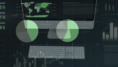 animation of multicolored infographic interface over overhead view of desktop and keyboard on desk