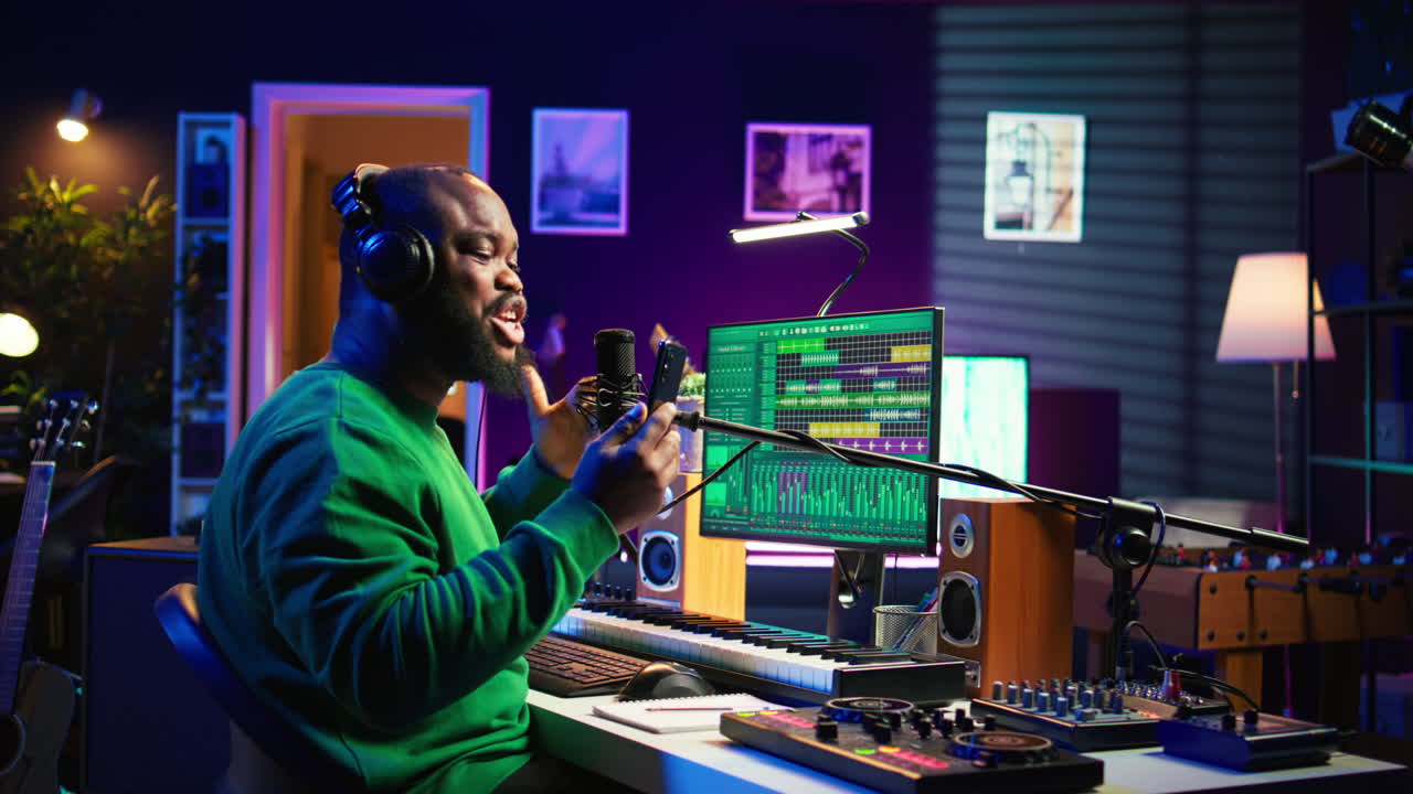compositor masculino grabando su melodía en el micrófono en un estudio casero