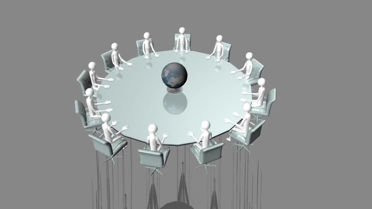 테이블에 앉아 있는 3d 남성들의 그룹을 보여주는 컴퓨터 애니메이션