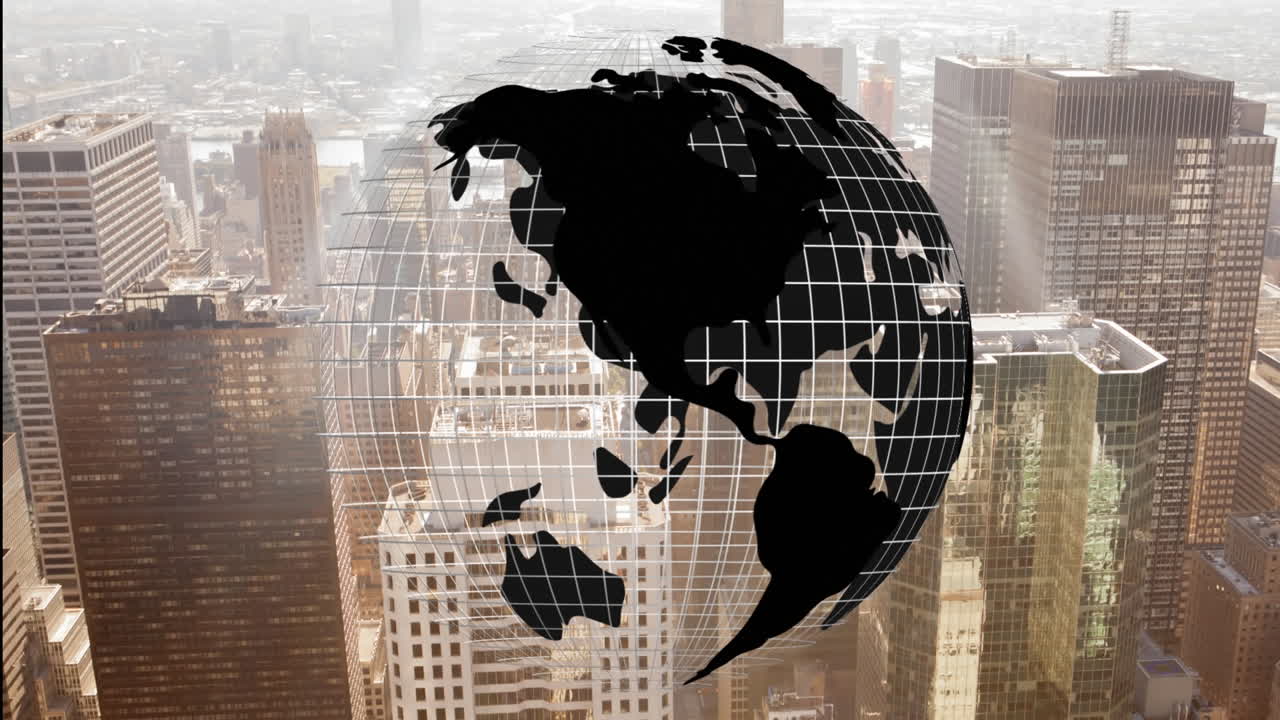 анимация вращающегося глобуса над видом города.