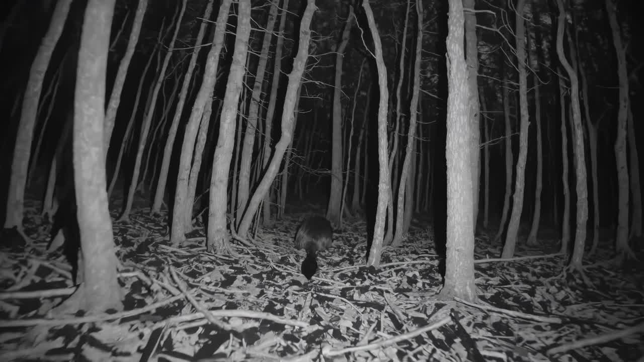 Night vision video still of a forest with a bear, captured from a low angle