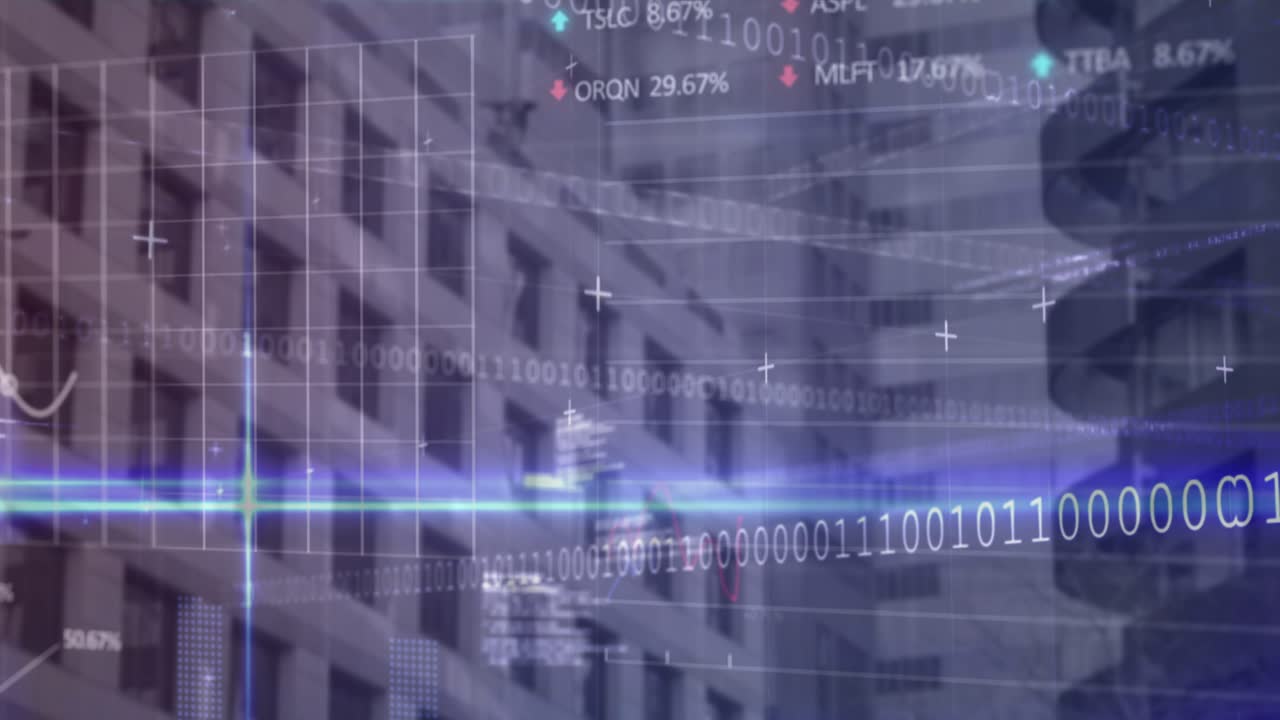 Animation of financial data processing over cityscape