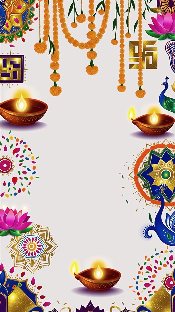 Sfondo Diwali con Diyas luminosi, Rangoli e fiori di loto