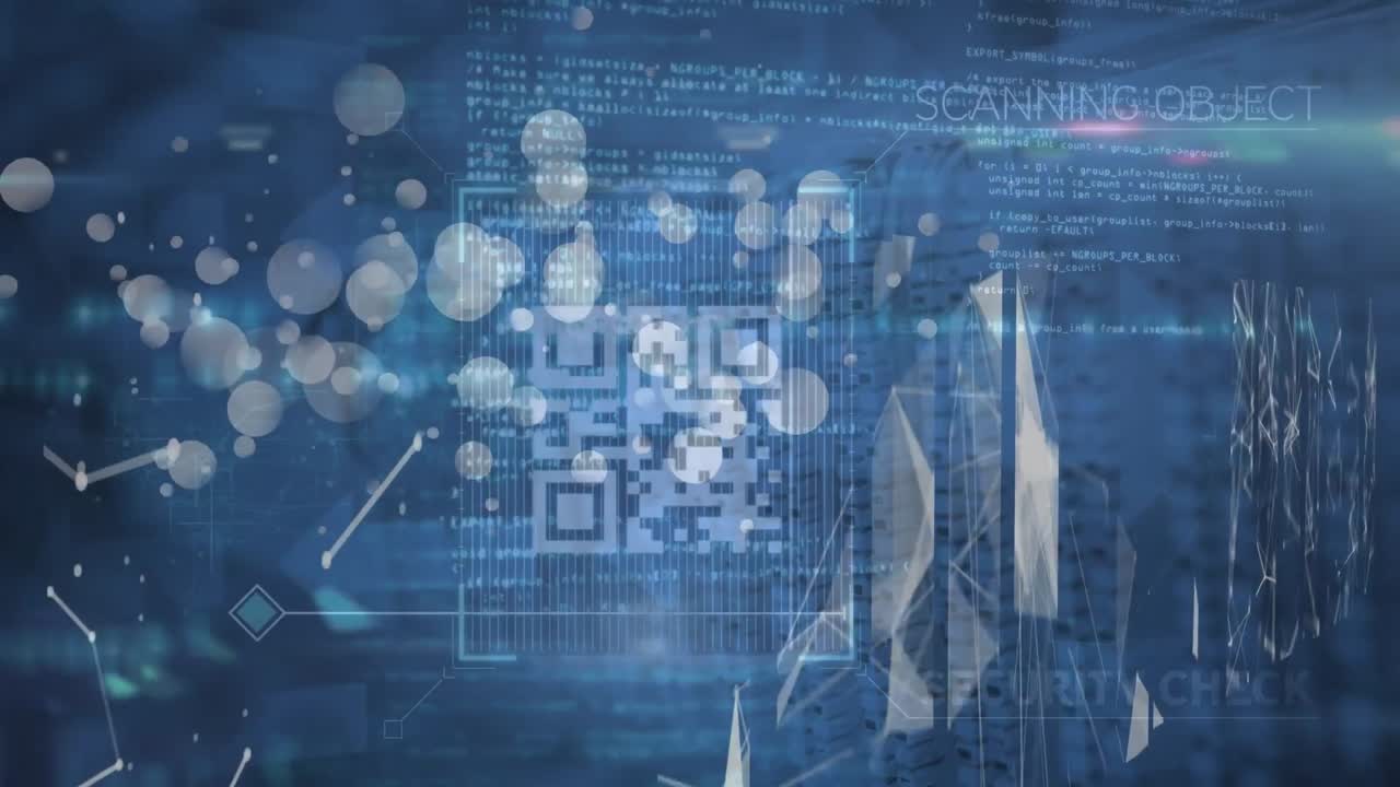 Animation of data and qr code on blue background