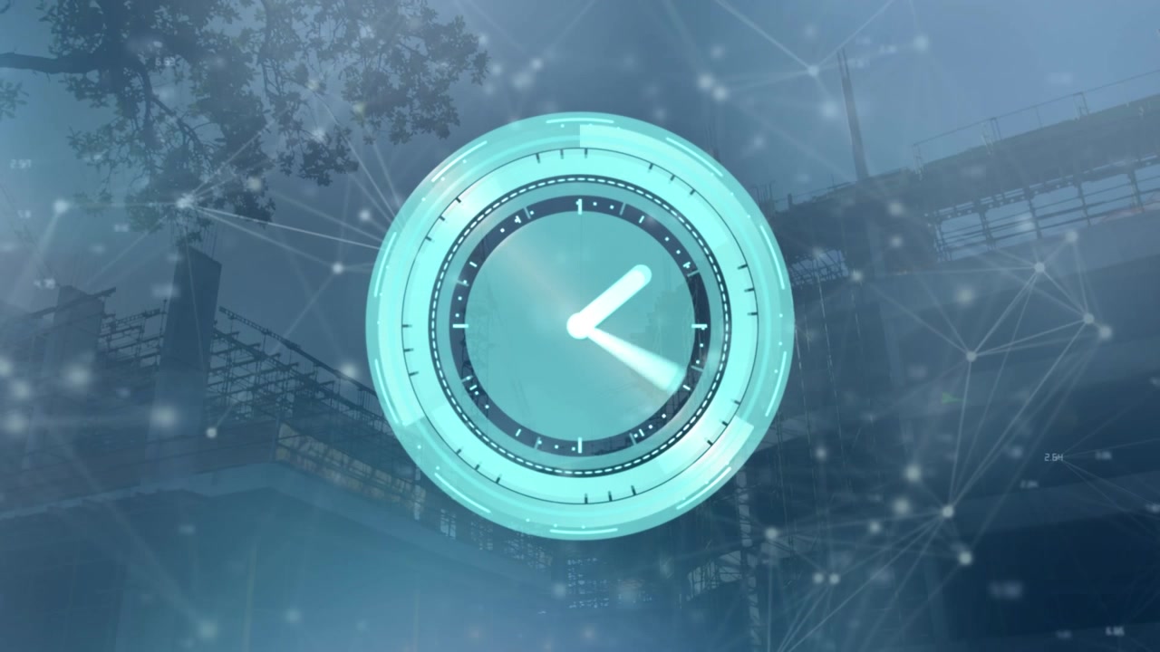 Animazione di un orologio in movimento e connessioni su un paesaggio urbano.