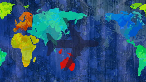 animation of airplane shadow flying over multi coloured world map