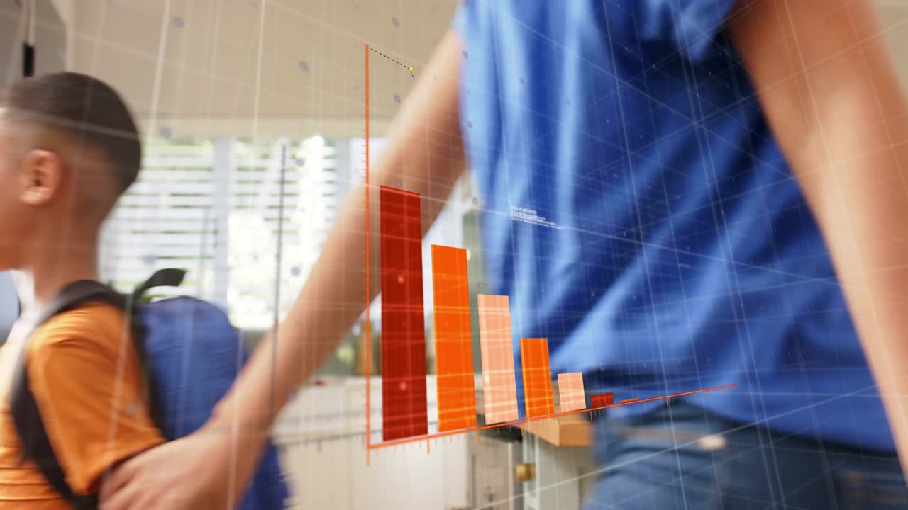 Woman strapping backpack onto boy in kitchen while AR graphs with dotted arrow shifting, for school