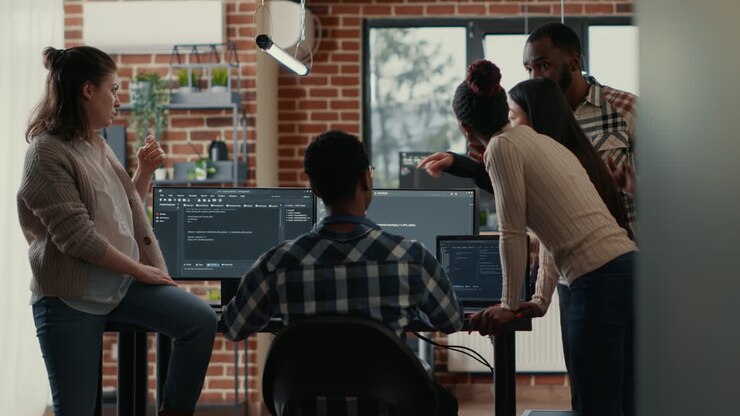 Coders discussing about source code compiling discovers errors and asks the rest of the team for explanations