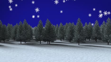 Multiple-trees-on-winter-landscape-over-snowflakes-falling-against-blue-background