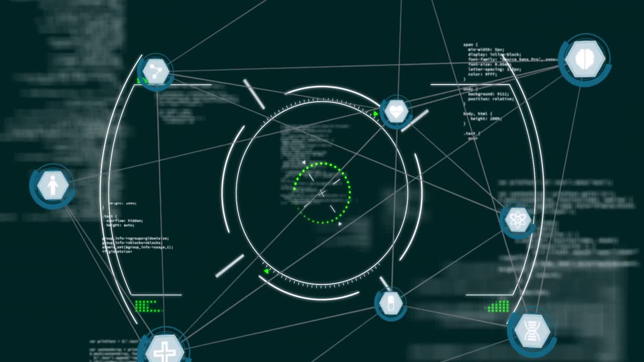 animación de iconos en hexágonos conectados con líneas, círculos y base de datos contra un fondo abstracto.