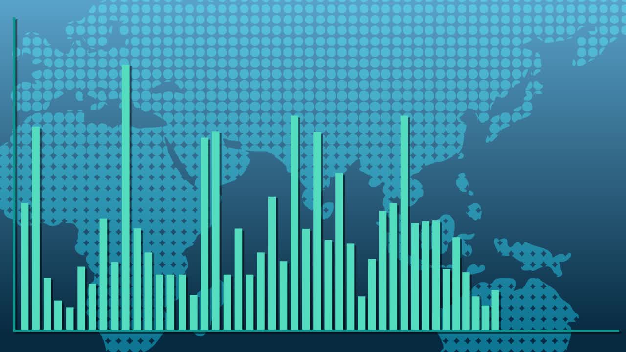 Animated bar graph over a world map, illustrating global financial trends with smooth transitions and a blue-green color scheme
