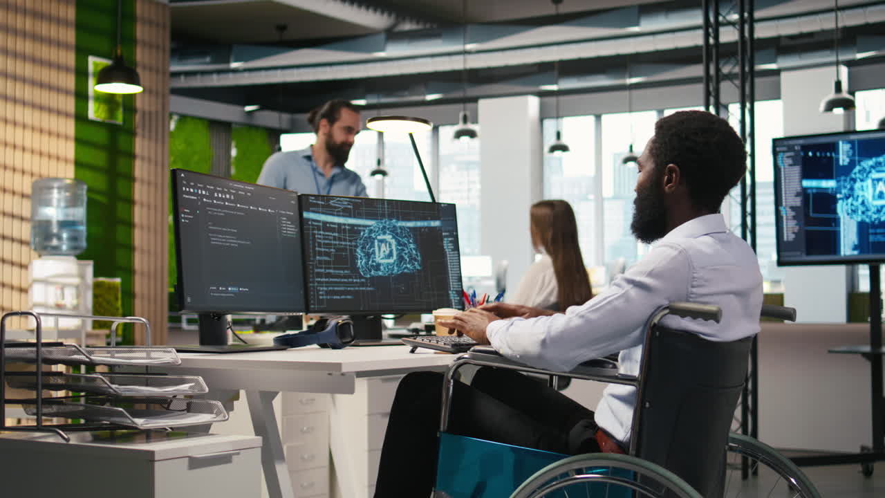 It Professional In Wheelchair In Inclusive Office Developing Software With Ai