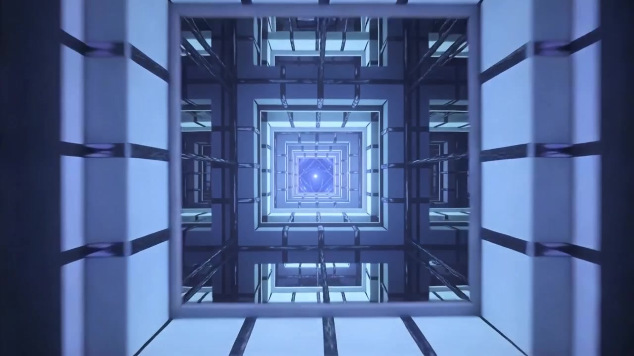 Zooming camera moving upward in atrium, revealing nested square balcony beams and blue skylight