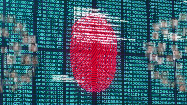 Animation of biometric fingerprint data processing and network of connections over dark background