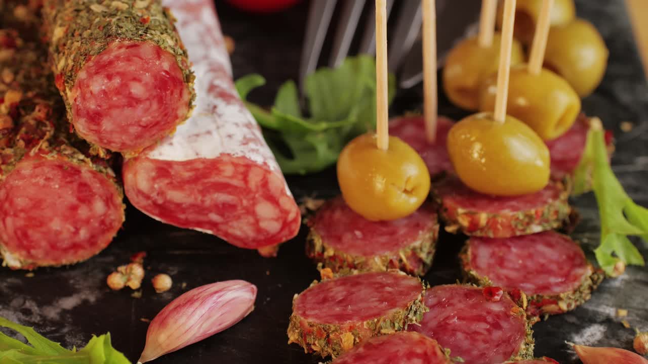 Mix of spanish pork sausages, Cutting board of appetizing catalonian snack - fuet, jamon, chorizo, olives, supermarket tapas food in spain, traditional cuisine.