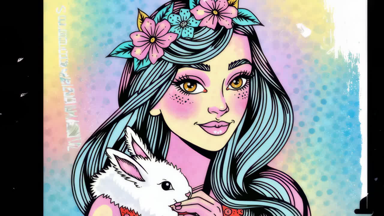 Fantasy Girl with Blue Hair, Flower Crown, and Rabbit