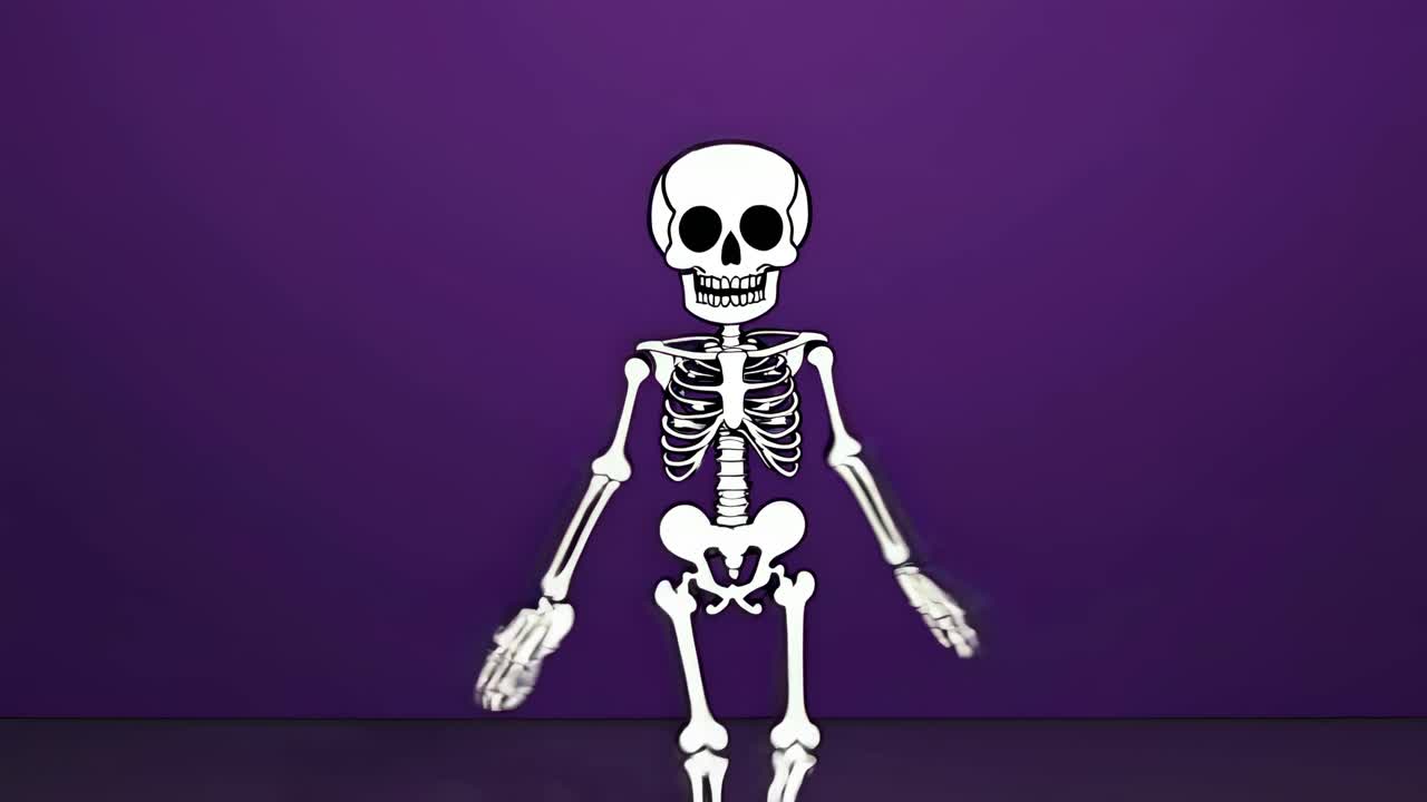 Animated skeleton dancing against a purple background, captured from a front-facing angle