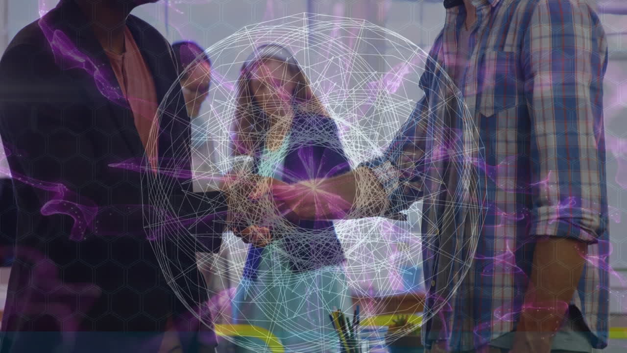 animación del globo y procesamiento de datos sobre personas que se dan la mano