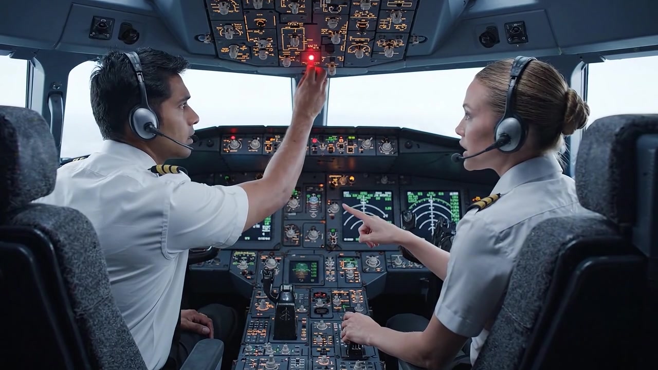 Captivating Cockpit Action: Two Pilots Collaborate Effectively to Operate Modern Aircraft Controls During Flight Operations in a Professional Aviation Environment