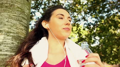 fit brunette drinking water after her jog