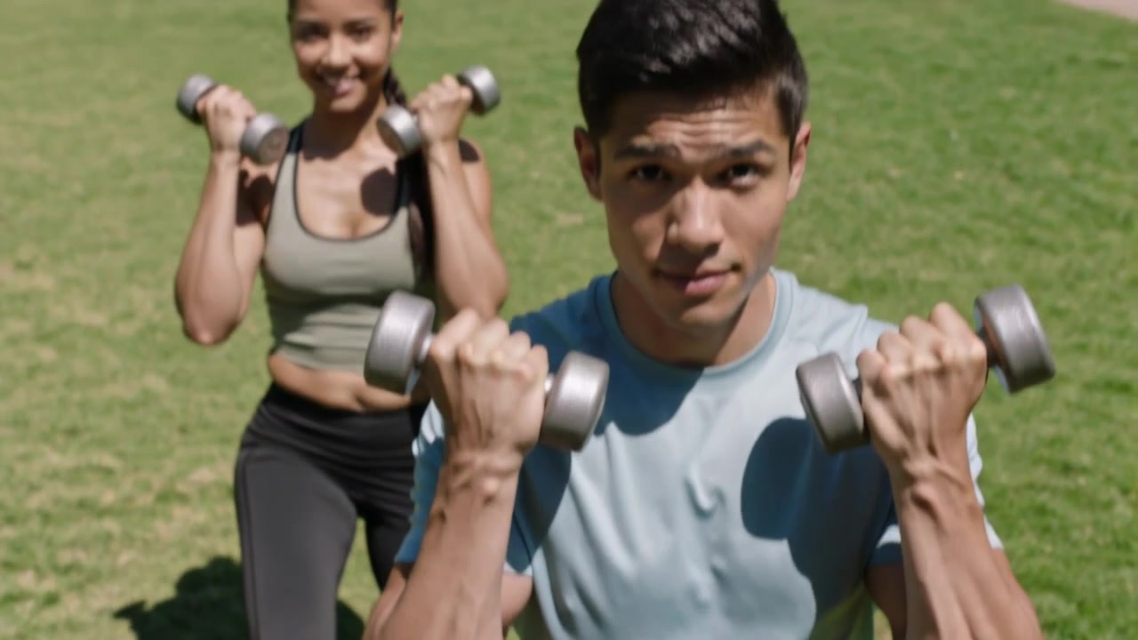 Pria dari dekat mengenakan kaus dan celana pendek di halaman taman, memegang dumbel perak, melakukan lunge curl untuk melatih kekuatan.