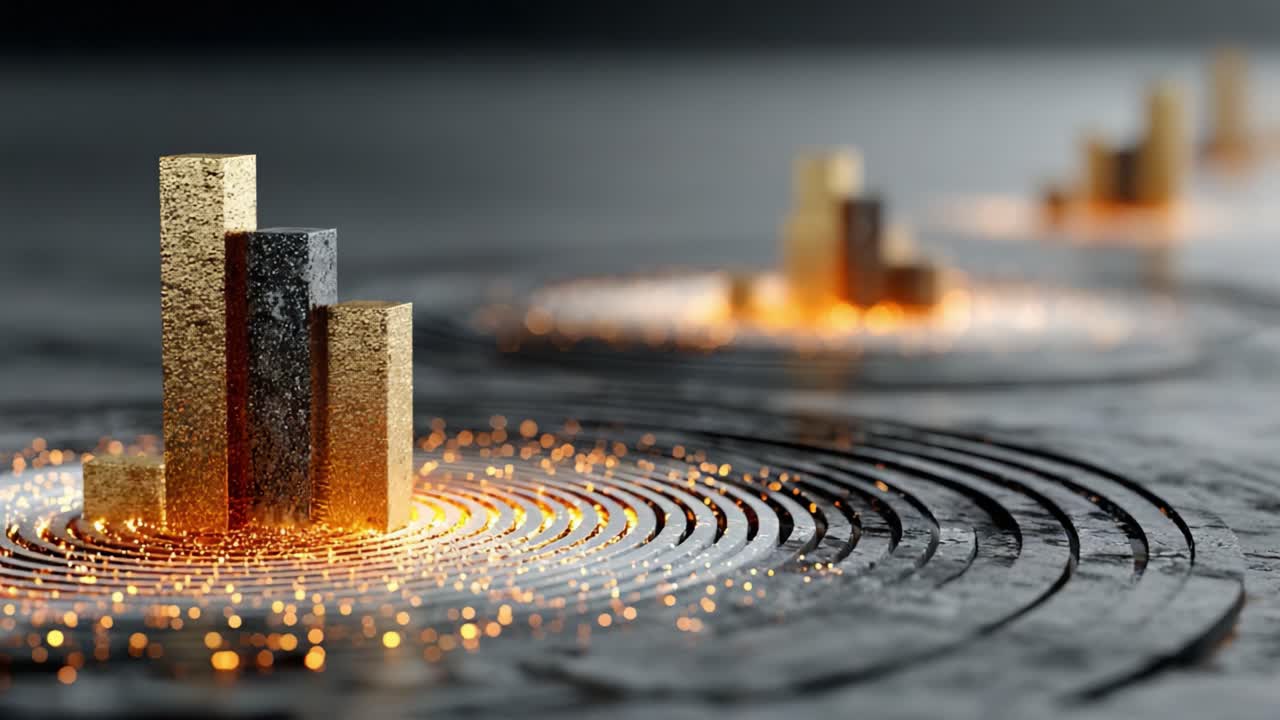 Abstract business bar charts crafted from gold and stone standing on a dark, textured surface, emitting glowing particles that represent data visualization, financial success, and market growth