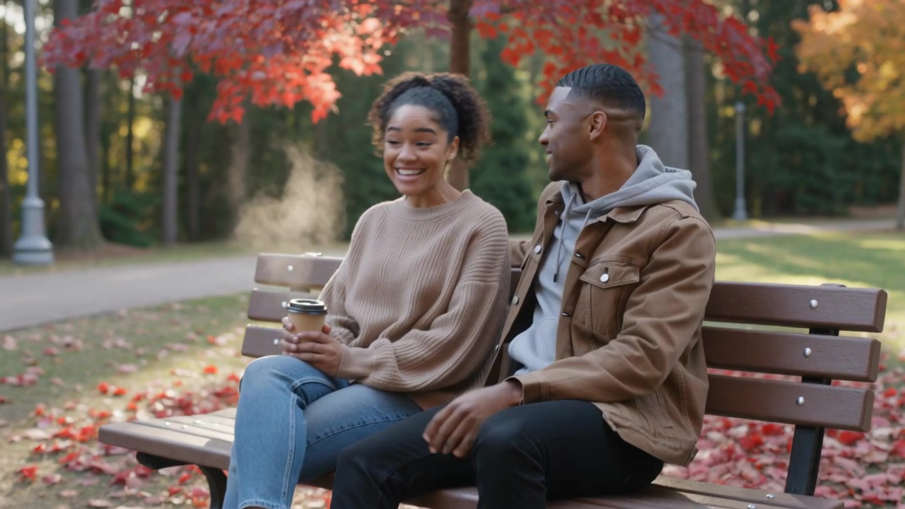 Camera focusing pair chatting on park bench in autumn, woman in beige sweater holding steaming cup