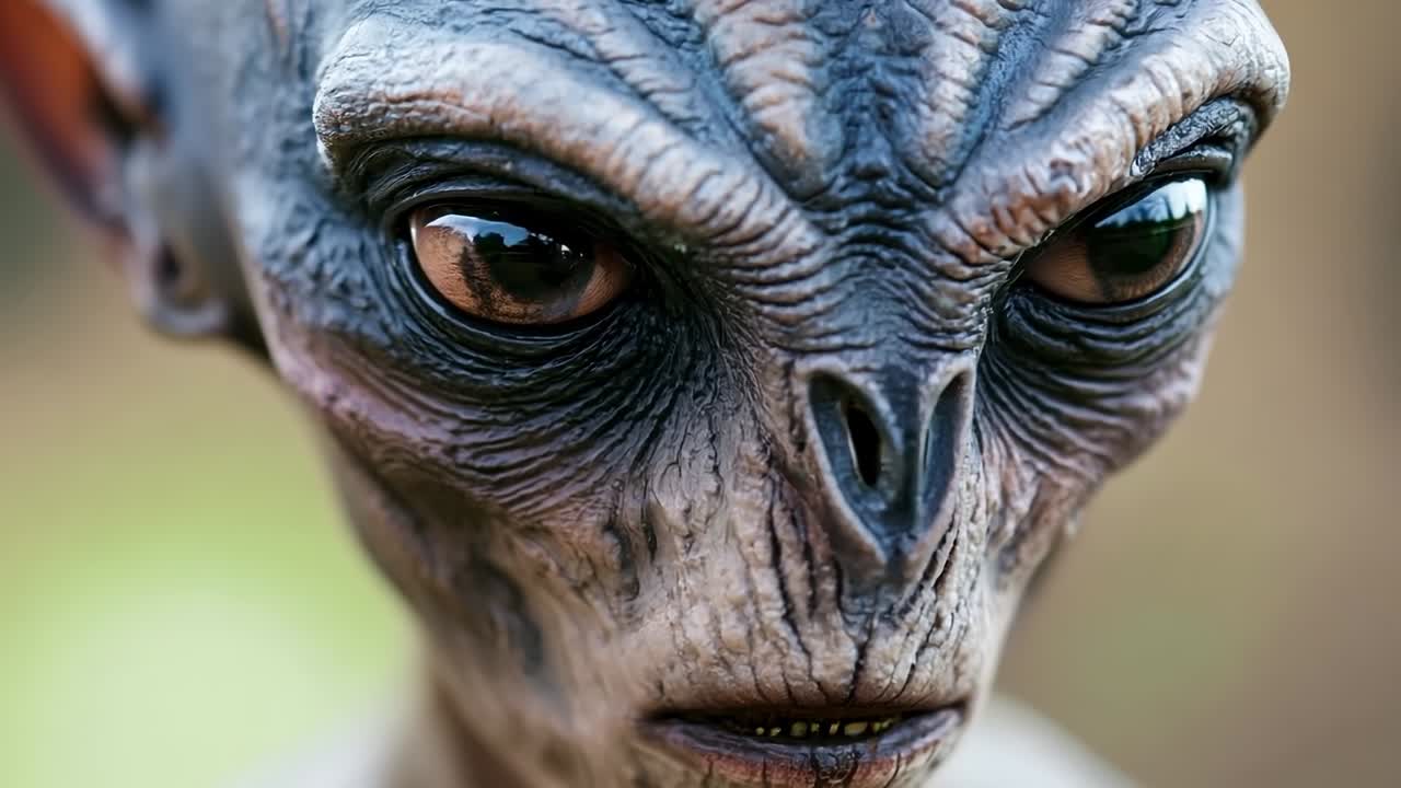 un primer plano de una cara alienígena con ojos grandes