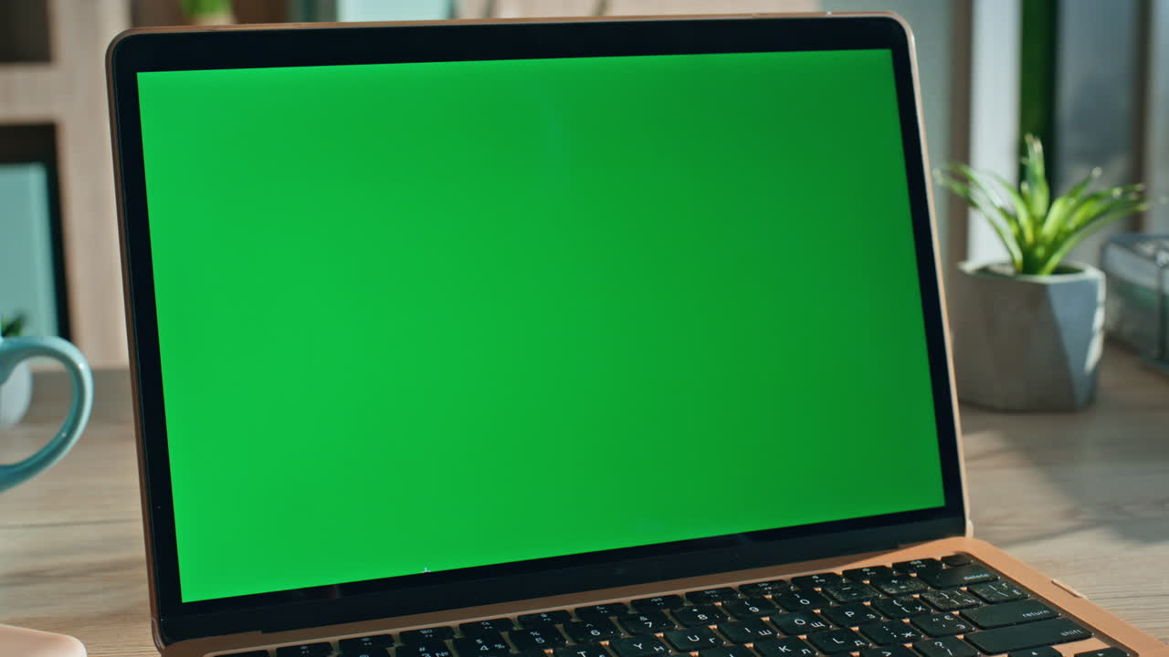 Girl browsing website green screen laptop in home office close up. Woman hands