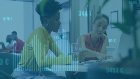 animation of diagrams and data processing over diverse female colleagues talking in office