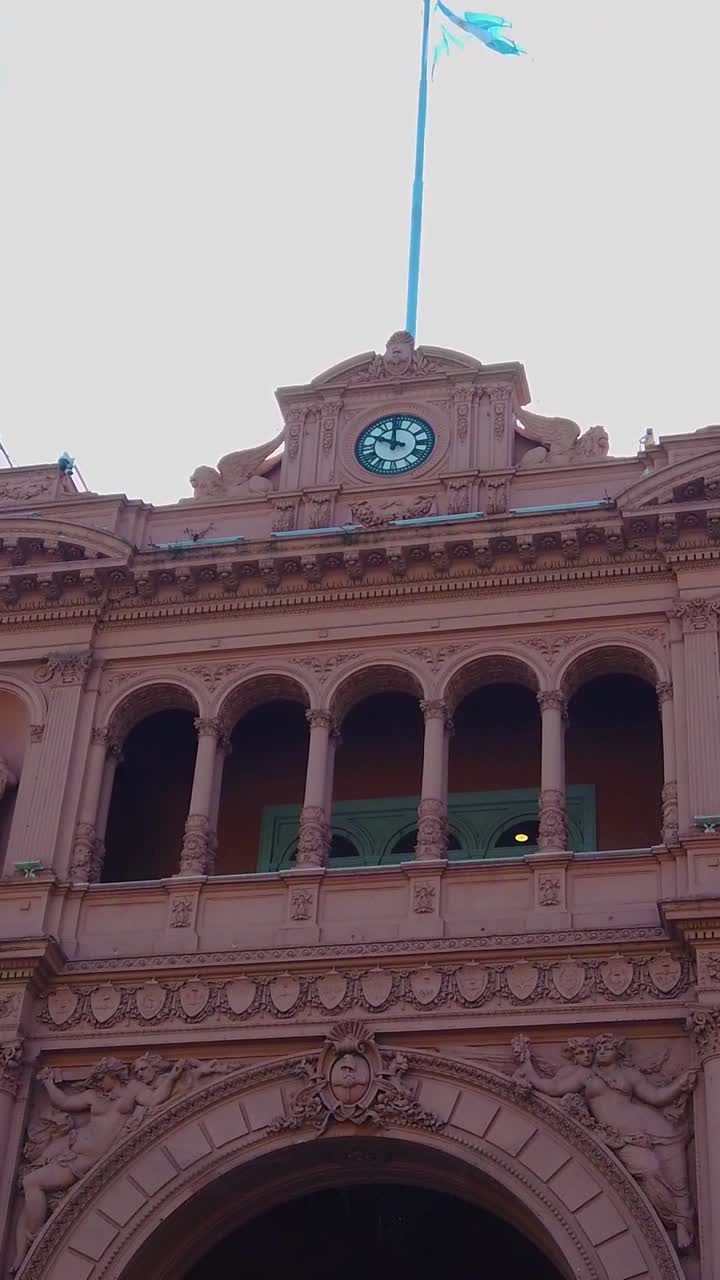 Imagem vertical do Palácio Presidencial Casa Rosada com Bandeira ao fundo do céu em Buenos Aires, Argentina