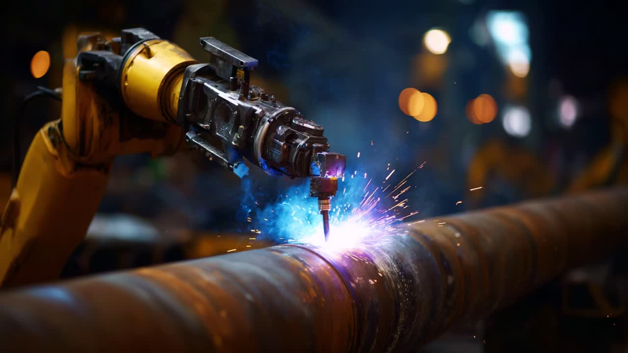 Automated Robotic Welding Process in Action, Showcasing Precision and High-Temperature Sparks Igniting from Metal Pipes in an Industrial Setting