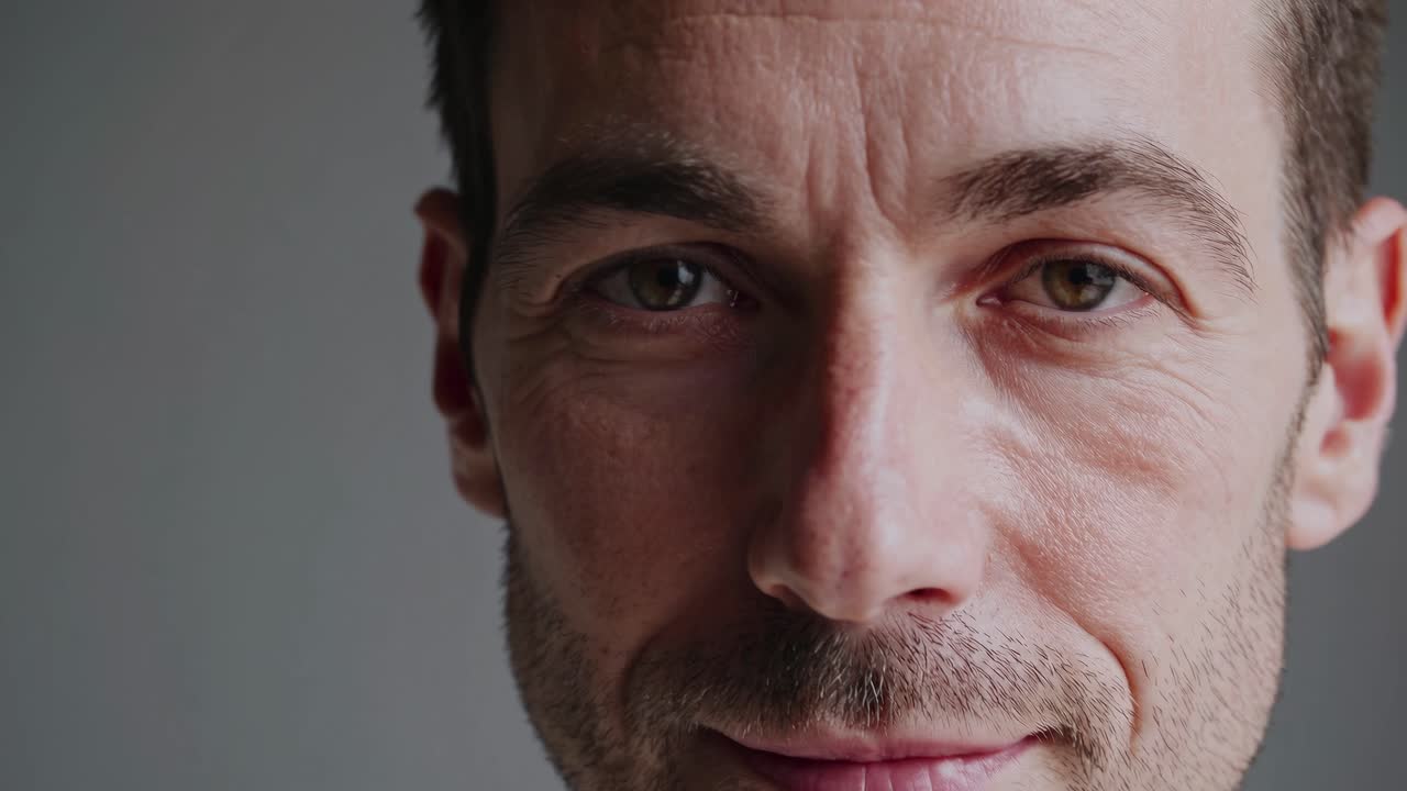 Close-up video shot of a man's face, capturing fine details and expressions