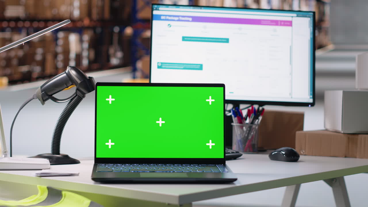 Empty warehouse space shows isolated chroma key display on pc