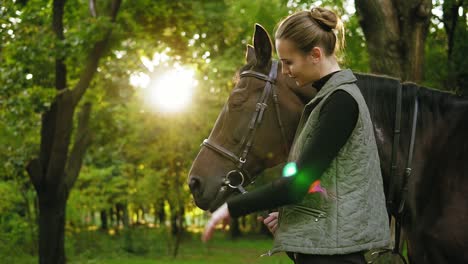 young smiling female horse rider is palming brown horse with white spot on forehead in park during sunny day holding leather