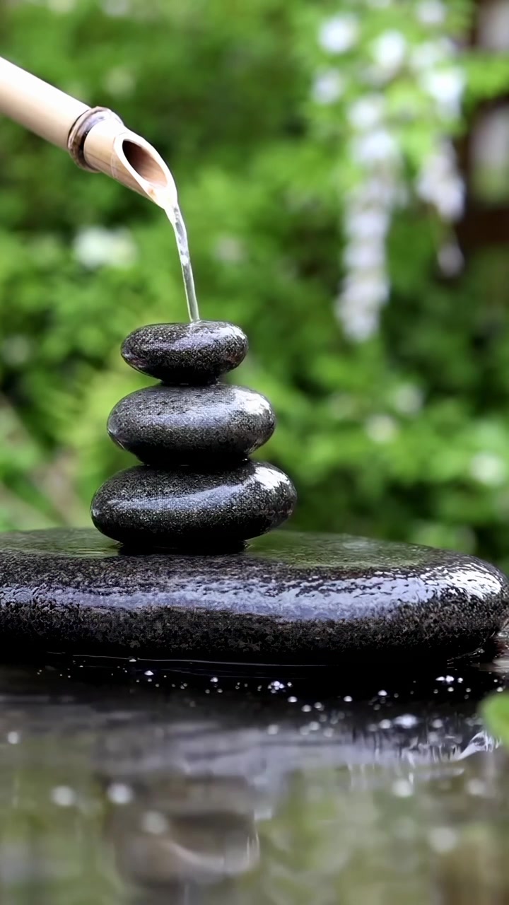 Tranquilla fontana di bambù con acqua che gocciola su pietre Zen impilate