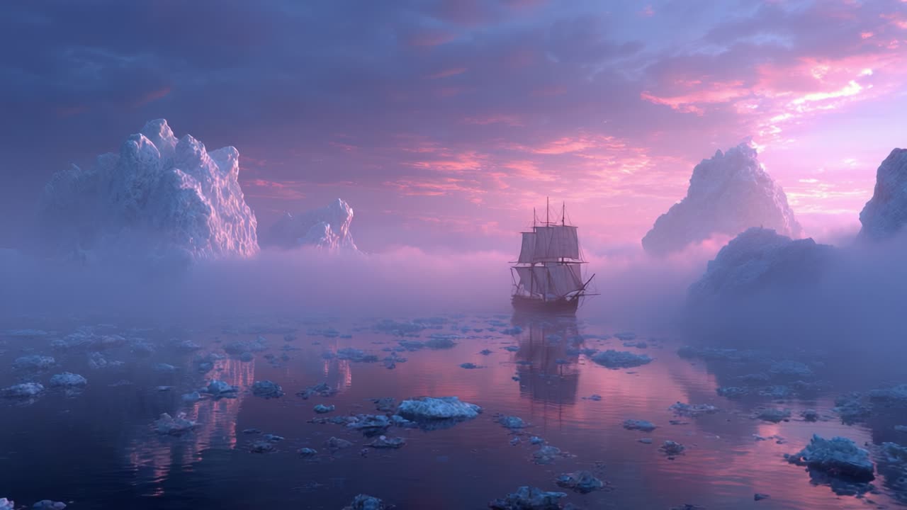 Una nave maestosa che naviga tra le acque gelide al crepuscolo, circondata dalla nebbia e dagli iceberg sotto un bellissimo cielo colorato