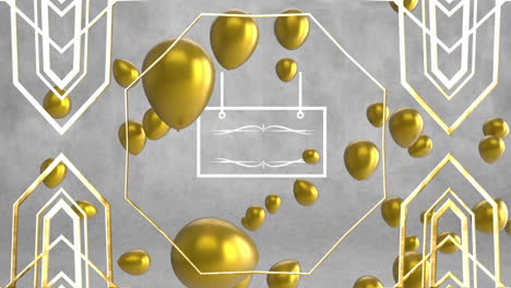 animation of gold balloons and shapes moving over frame on grey background