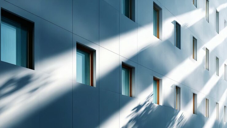 Exploración de la estética de la arquitectura urbana: una serie de ventanas simétricas bañadas por una suave luz natural que crean una experiencia visual relajante en el diseño moderno