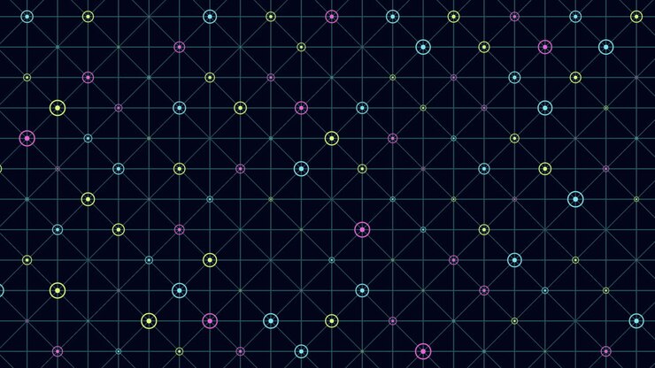 Abstract geometric black and blue pattern with symmetrical circles and squares