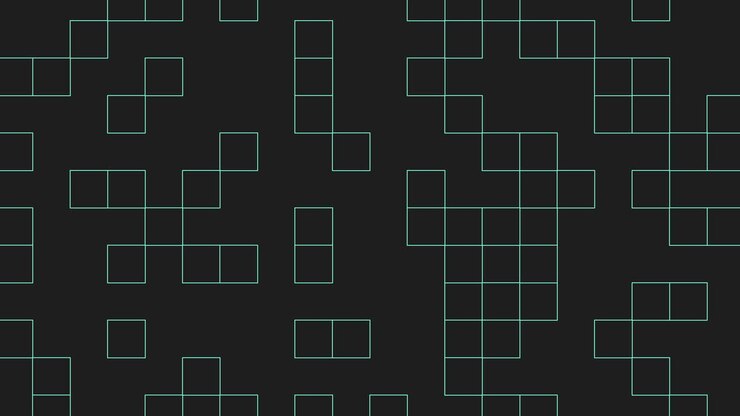 Et symmetrisk gittermønster på en sort baggrund, bestående af kvadrater i forskellige nuancer af blå. Designet udstråler en moderne og minimalistisk æstetik med sit præcise arrangement og farvegradient.