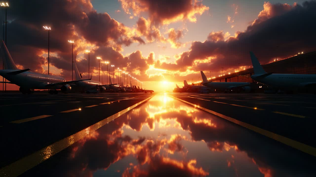 A Stunning Sunset Reflected on the Wet Runway of an Airport, with Multiple Airplanes Stationed Along the Sides, Creating an Incredible Visual Experience with Dramatic Cloud Patterns and Warm Colors