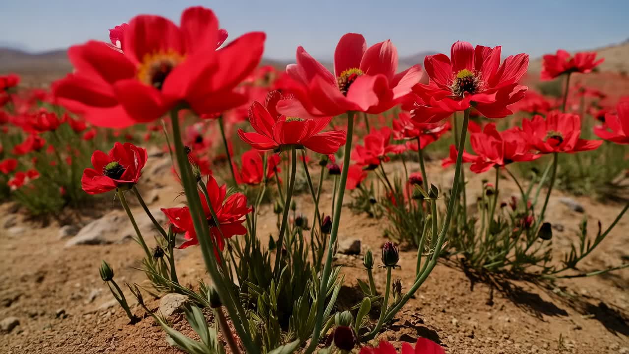 Allontanamento della camera, che mostra fiori di campo rossi che crescono su una pianura sabbiosa, rivelando un tappeto fino all'orizzonte