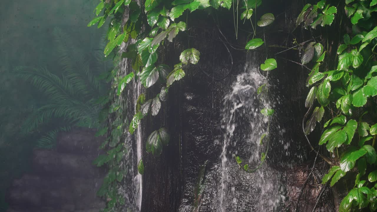 Binnenkunstmatige waterval in de Henry Doorly Zoo in Omaha met mystiek vallend water, droge en groene bomen