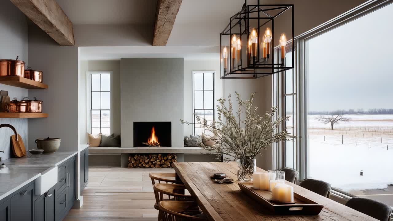 An Inviting Modern Kitchen and Dining Space Featuring Natural Light, Elegant Decor, and Cozy Ambiance with a Beautiful View of Winter Landscapes through Large Windows