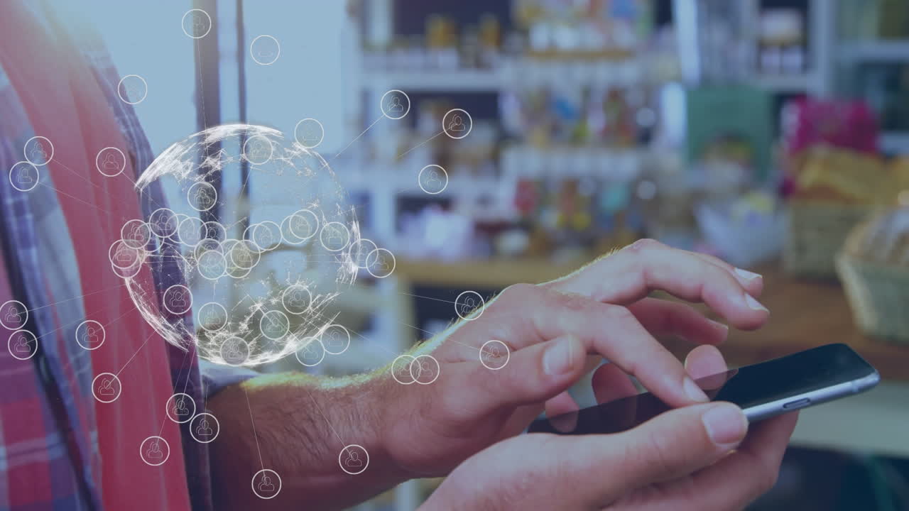 스마트폰 을 사용하는 백인 사업가 위 에 있는 아이콘 을 가진 지구촌 의 애니메이션